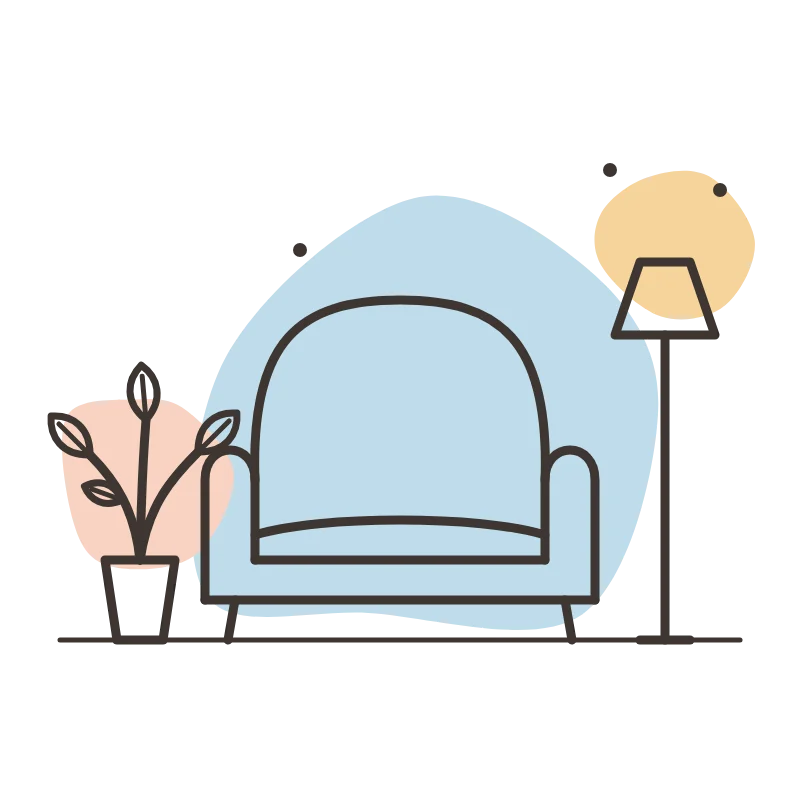 Ilustración de un sillón de consulta con lámpara y planta: psicólogo en Sevilla